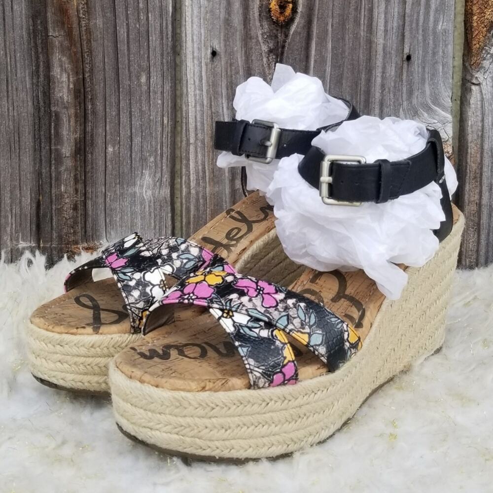 Platform Wedge Espadrille Sandals Sam Edelman Destin Size 10 Black Leather Strap